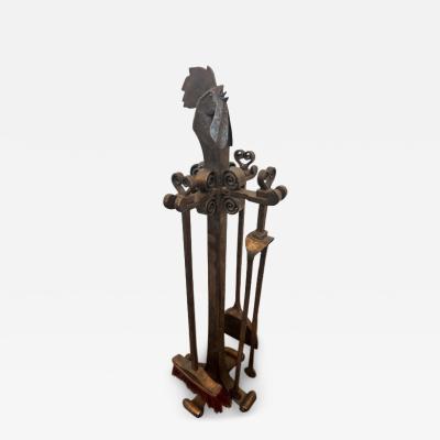 Edger Brandt Art Deco Set of firetools with rooster head finial