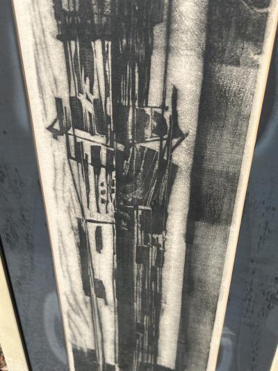 Edmond Casarella MODERNIST BLACK WHITE TOWER IN SIENNA ARTIST PROOF BY EDMOND CASARELLA 1955