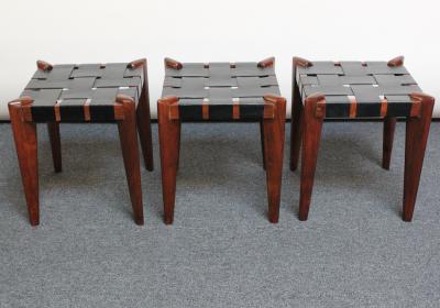 Edmond Spence Set of Three Leather and Solid Stained Teak Stools by Edmond Spence