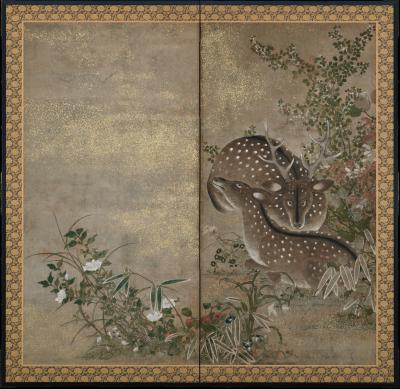 Edo period Japanese Screen Spotted Deer and Autumn Flowers