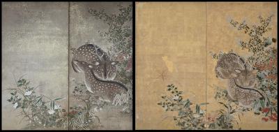 Edo period Japanese Screen Spotted Deer and Autumn Flowers