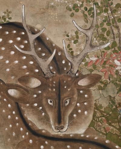 Edo period Japanese Screen Spotted Deer and Autumn Flowers