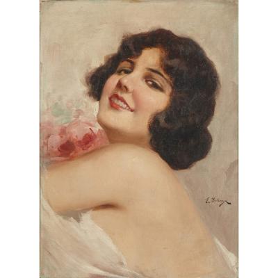 Eduardo Forlenza Oil painting of an Italian woman holding flowers by Eduardo Forlenza