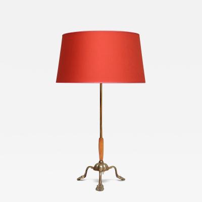 Edvard Hagman Edvard Hagman Table Lamp in Brass Elm and Vermillion Shade Sweden 1940s