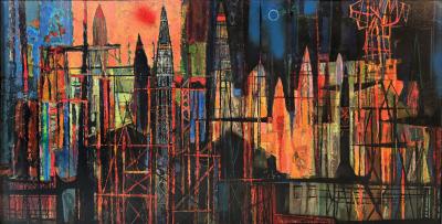 Edward Arthur Anderson Mid Century Rocket Ship Cityscape Abstract Skyline