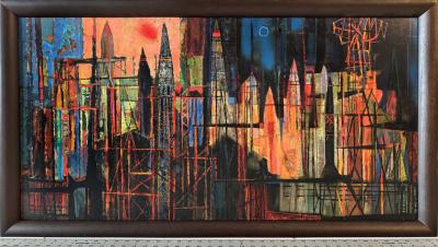 Edward Arthur Anderson Mid Century Rocket Ship Cityscape Abstract Skyline