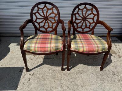 Edward Ferrell Pair of Mahogany Edward Ferrell Style Hepplewhite Cobweb Armchairs