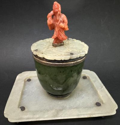 Edward McNeil Farmer Edward Farmer Art Deco Sterling Jade and Carnelian Inkwell NYC