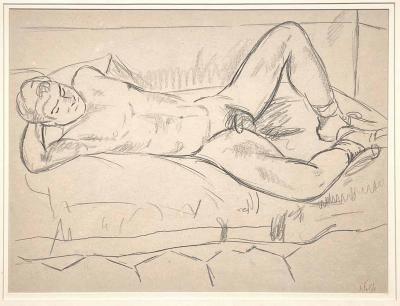 Edward Wolfe Reclining Male Nude Drawing by Edward Wolfe