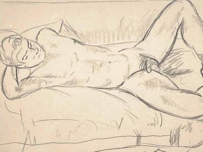Edward Wolfe Reclining Male Nude Drawing by Edward Wolfe