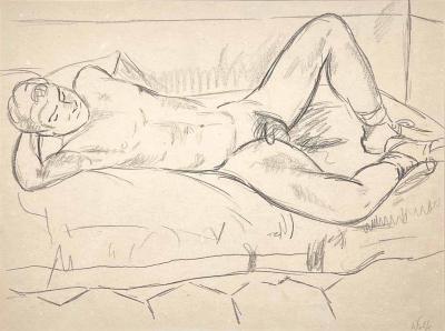 Edward Wolfe Reclining Male Nude Drawing by Edward Wolfe