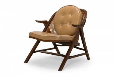 Edward Wormley American Walnut Cane and Tan Leather Janus Lounge Armchair