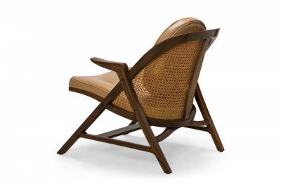 Edward Wormley American Walnut Cane and Tan Leather Janus Lounge Armchair
