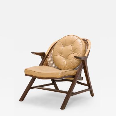 Edward Wormley American Walnut Cane and Tan Leather Janus Lounge Armchair