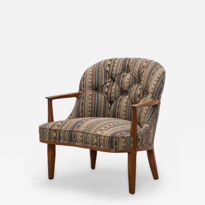 Edward Wormley Blue Striped Upholstered Walnut Frame Janus Lounge Armchair