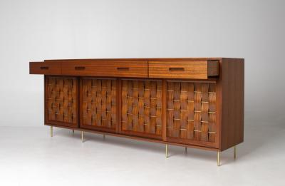 Edward Wormley Edward Wormley Woven Front Credenza in Ribbon Mahogany with Brass Accents