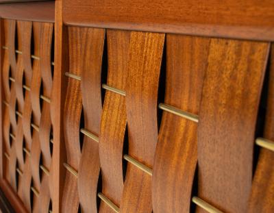 Edward Wormley Edward Wormley Woven Front Credenza in Ribbon Mahogany with Brass Accents
