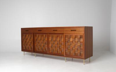 Edward Wormley Edward Wormley Woven Front Credenza in Ribbon Mahogany with Brass Accents