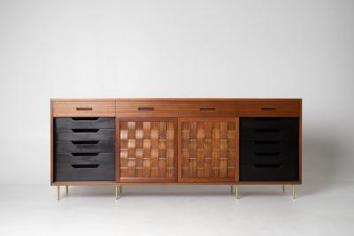 Edward Wormley Edward Wormley Woven Front Credenza in Ribbon Mahogany with Brass Accents