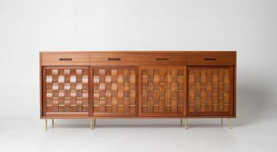 Edward Wormley Edward Wormley Woven Front Credenza in Ribbon Mahogany with Brass Accents