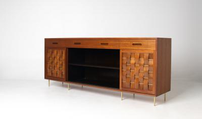 Edward Wormley Edward Wormley Woven Front Credenza in Ribbon Mahogany with Brass Accents