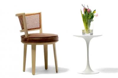Edward Wormley Edward Wormley for Dunbar Bleached Mahogany Cane Swivel Vanity Stool c 1950