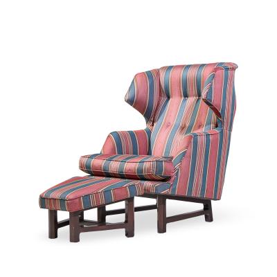 Edward Wormley Edward Wormley for Dunbar Janus Wingback Mahogany Lounge Chair and Ottoman