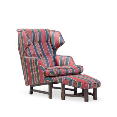 Edward Wormley Edward Wormley for Dunbar Janus Wingback Mahogany Lounge Chair and Ottoman