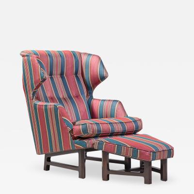 Edward Wormley Edward Wormley for Dunbar Janus Wingback Mahogany Lounge Chair and Ottoman