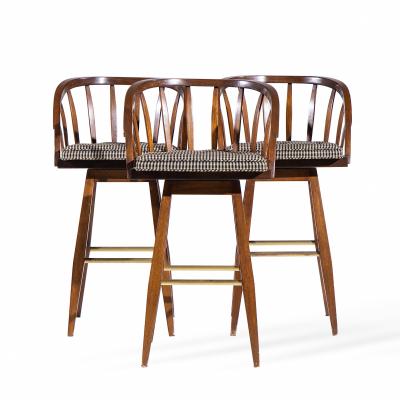 Edward Wormley Edward Wormley for Dunbar Mid Century Mahogany and Brass Barstools Set of 3