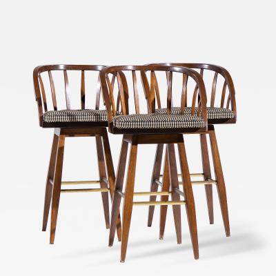 Edward Wormley Edward Wormley for Dunbar Mid Century Mahogany and Brass Barstools Set of 3