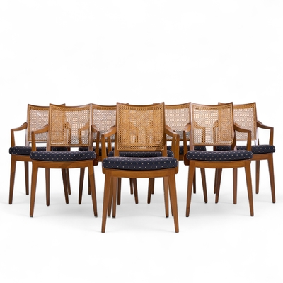 Edward Wormley Edward Wormley for Dunbar Mid Century Walnut and Cane Dining Chairs Set of 8