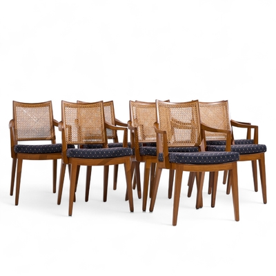 Edward Wormley Edward Wormley for Dunbar Mid Century Walnut and Cane Dining Chairs Set of 8