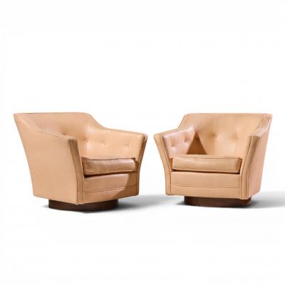 Edward Wormley Edward Wormley for Dunbar Style Mid Century Walnut Swivel Lounge Chairs Pair