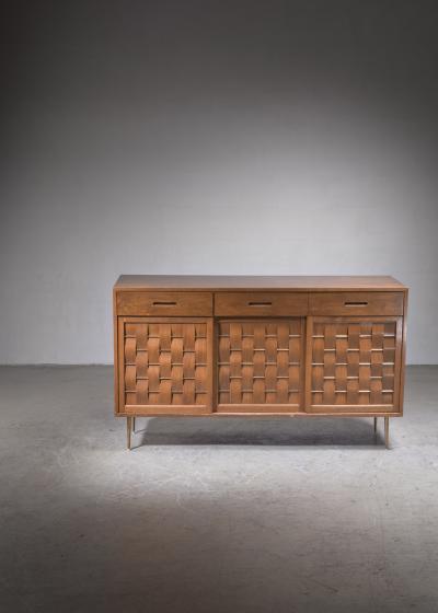 Edward Wormley Edward Wormley woven credenza with brass legs and details for Dunbar