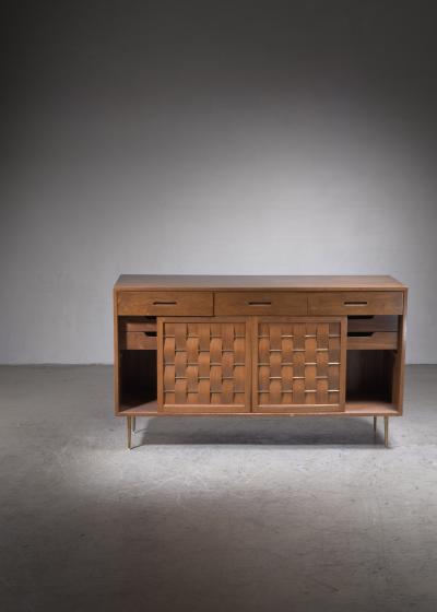 Edward Wormley Edward Wormley woven credenza with brass legs and details for Dunbar