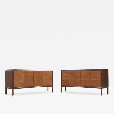 Edward Wormley Mid Century Curved Front Burlwood Mahogany and Brass Credenza Pair