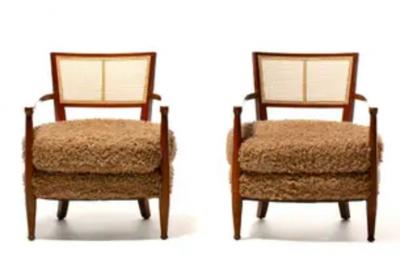 Edward Wormley Mid Century Modern Edward Wormley Style Cane Back Lounge Chairs in Curly Camel