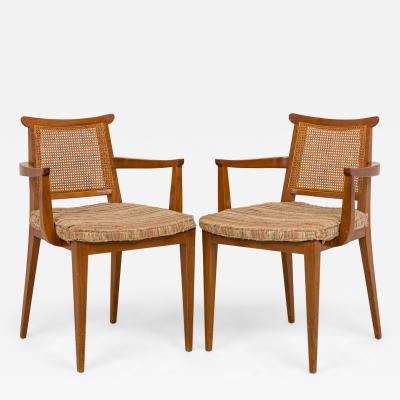 Edward Wormley Pair of Caned Back Linen Seat Wooden Dining Armchairs