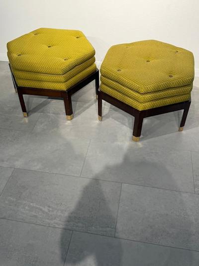 Edward Wormley Pair of Modern Walnut Brass and Upholstered Ottomans Ed Wormley