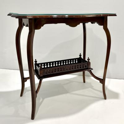 Edwardian Antique English Mahogany Two Tier Side Table Glass Top Gallery Shelf