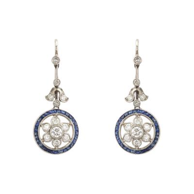 Edwardian Diamond and Sapphire Platinum and Gold Earrings