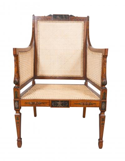 Edwardian Finely Painted And Caned Satinwood Armchair