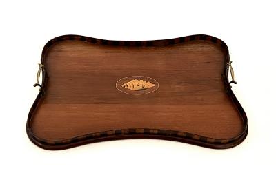 Edwardian Inlaid Mahogany Satinwood Serving Butlers Tray with Shell Motif