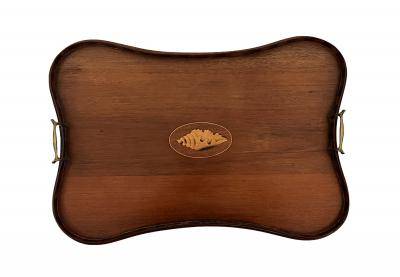 Edwardian Inlaid Mahogany Satinwood Serving Butlers Tray with Shell Motif