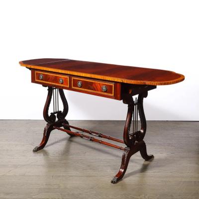 Edwardian Mahogany Writing Desk w Inlaid Exotic Wood Detailing Bronze Pulls