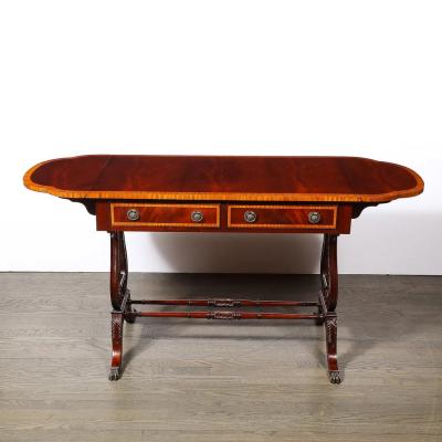 Edwardian Mahogany Writing Desk w Inlaid Exotic Wood Detailing Bronze Pulls