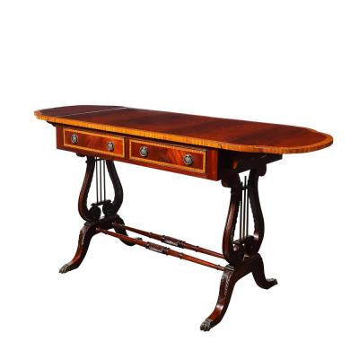 Edwardian Mahogany Writing Desk w Inlaid Exotic Wood Detailing Bronze Pulls