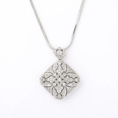 Edwardian Style 14K White Gold Pave Diamond Locket Pendant Necklace