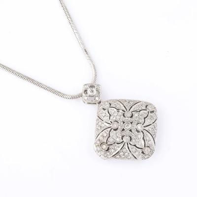 Edwardian Style 14K White Gold Pave Diamond Locket Pendant Necklace